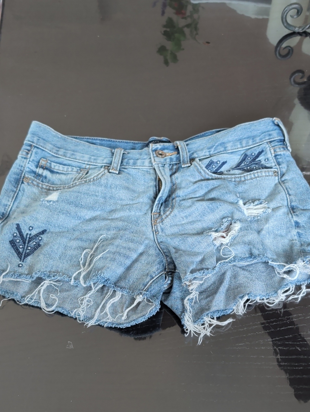 27. Lucky Brand Light Blue Distressed Denim Shorts with Embroidery